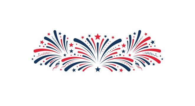 Patriotic fireworks display vector, red white and blue firework burst with stars, festive Fourth of July celebration border for American holidays