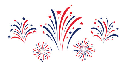 Patriotic fireworks vector illustration, red white and blue firework bursts with stars, American holiday celebration graphics for 4th of July © FATEMA