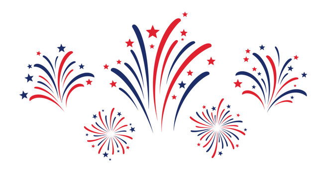 Patriotic fireworks vector illustration, red white and blue firework bursts with stars, American holiday celebration graphics for 4th of July