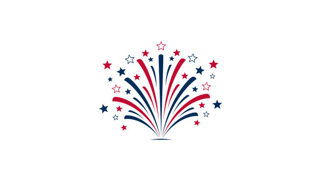 Patriotic fireworks burst with stars, red white and blue firework explosion vector, American holiday celebration graphic for Independence Day