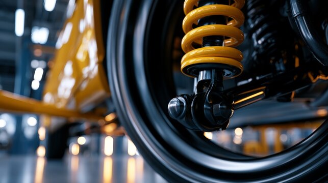 Close-up view of a suspension system showing a yellow coil spring in an automotive workshop during the day