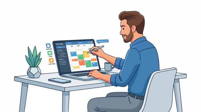 Professional man working at a modern desk, using a computer to plan a project with a colorful calendar on screen