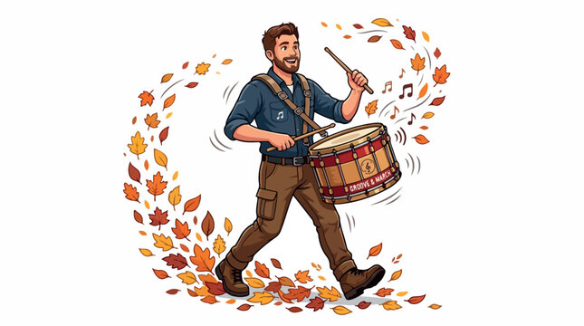Cheerful street drummer in a vest and brown pants plays a marching bass drum as autumn leaves swirl around him