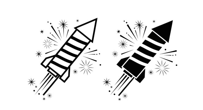Fireworks rocket vector icons, black and white celebration firework symbols, festive pyrotechnic rocket set for party and holiday design