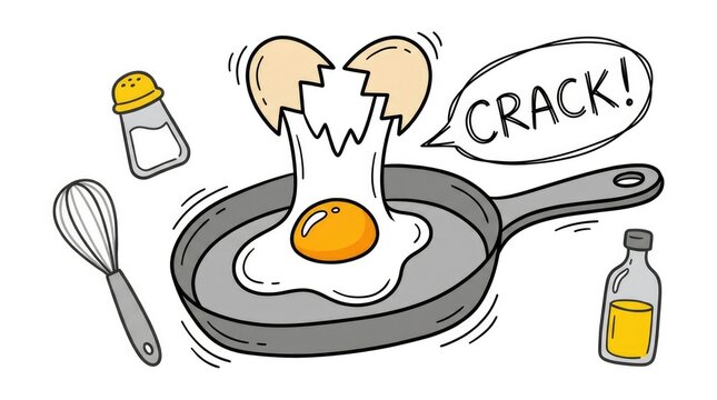 Cooking concept with frying pan and cracking egg for kitchen decor design, featuring whisk, salt shaker, and oil bottle