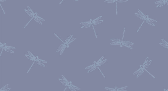 Dragonfly seamless pattern on dusty blue background for textile wallpaper wrapping paper fashion fabrics stationery and home decor items with hand drawn art.