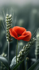 Obraz premium Poppy flower wheat ear field macro red green closeup of delicate bloom between grain stalk, soft bokeh background, summer agriculture