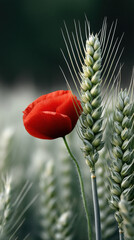 Fototapeta premium Poppy wheat flower ear field red green macro close up with soft bokeh, summer agriculture background, calm natural mood