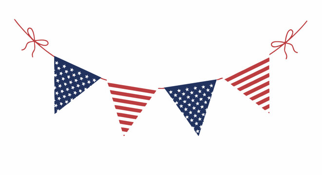 Patriotic American bunting banner with red and white stripes and blue polka dots, festive Fourth of July hanging garland, USA flag theme party decoration