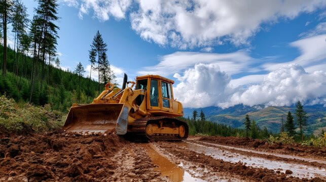 Workers use a bulldozer to clear dirt and reshape the landscape in a forest on a sunny day with clouds in the sky