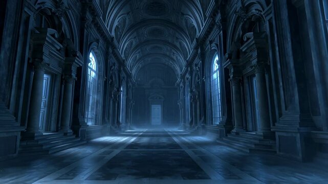 Point-of-view shot moving through spooky mansion corridor with moonlight at night, eerie fog atmosphere.