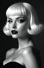 Fototapeta premium Retro woman with blonde bob wig and bold dark lipstick wears dramatic eyeliner. Fashion model poses in black top, elegance and classic beauty evident in monochrome studio shot.