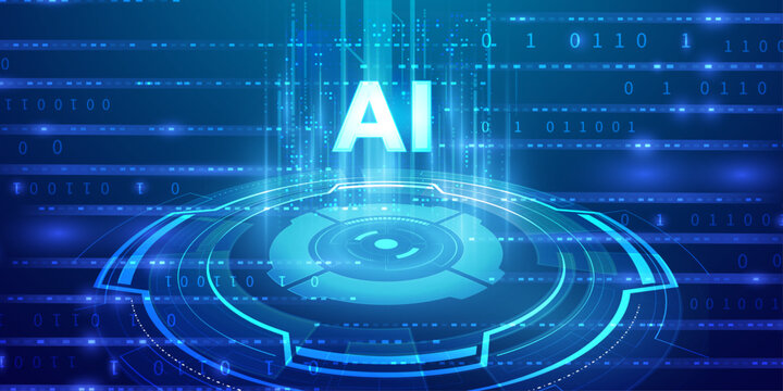 Artificial intelligence logo on futuristic podium with binary code streams and glowing blue light effects.