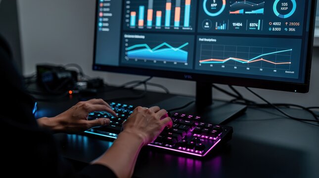 Person analyzing data and charts on a computer screen with a colorful backlit keyboard in a dark workspace.