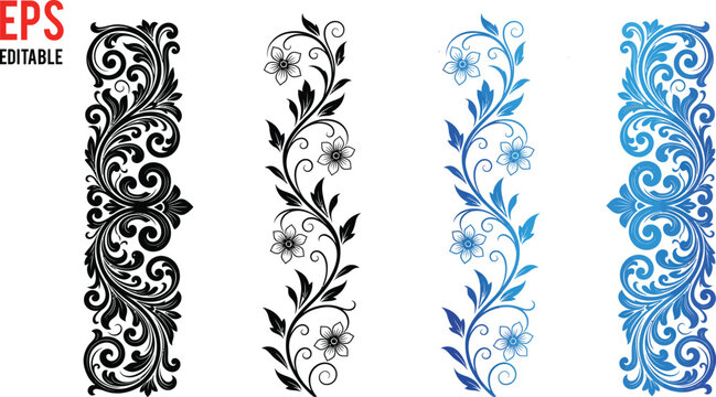 Elegant vertical floral borders with flower and leaf ornaments vector set