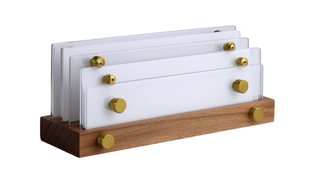 Modern, minimalist office organizer. Wood base with acrylic or glass layers, secured by brass hardware. The layered design offers visual interest