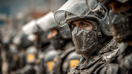 Obraz premium riot_police_standing_in_protective_gear_line