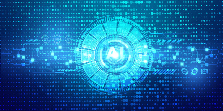 Artificial intelligence network with blockchain nodes and percentage data infographics in blue tech space.