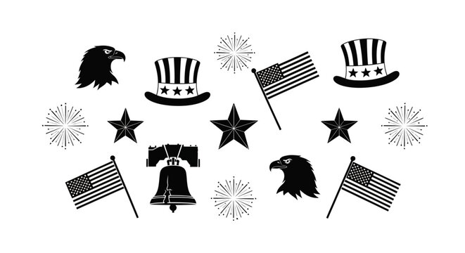 Patriotic American symbols set, black and white vector icons of USA flags and bald eagles, Uncle Sam hats and Liberty Bell illustrations