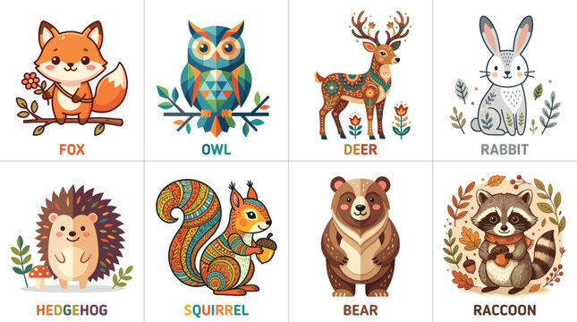 Woodland animals vector collection featuring cute cartoon fox geometric owl patterned deer rabbit hedgehog zentangle squirrel brown bear and autumn raccoon
