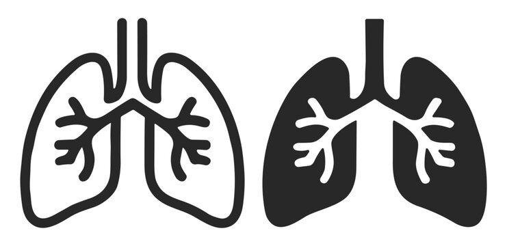 Black and white outline and filled icons of human lungs with bronchial tubes and trachea anatomy symbol on transparent background