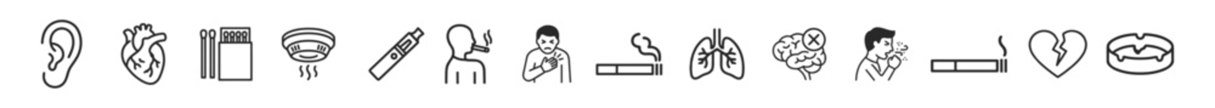 Set of black outline health and smoking related icons including ear, heart, matchsticks, smoke detector, vape, smoker, chest pain, cigarette, lungs, brain, coughing, heartbroken