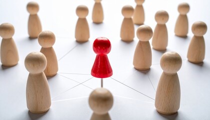 Obraz premium A group of wooden toy soldiers and game figures on a white background represents a business concept of team leadership, strategy, and competition, with a single red pawn standing out from the crowd