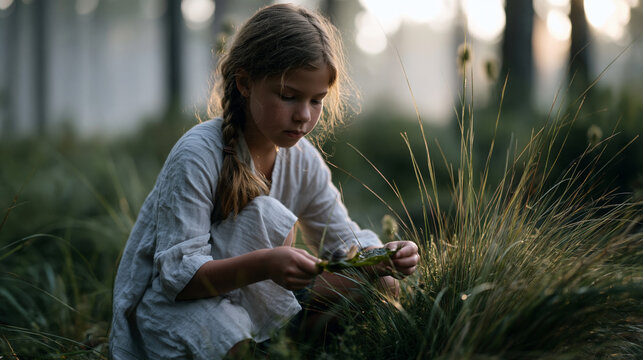 Girl crouches in tall grass at forest trail edge in early morning mist lifting wet leaf to observe snail underneath solo nature exploration childhood curiosity wildlife biology