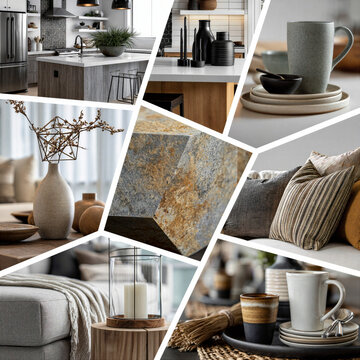 a montage of modern home furnishing an interior design images in a grid formation separated by a white keyline creating a dynamic layout