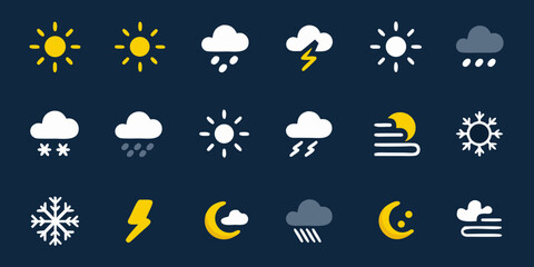 Obraz premium Weather Icons Collection Flat Style On Dark Navy Background