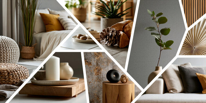 a montage of modern home furnishing an interior design images in a grid formation separated by a white keyline creating a dynamic layout