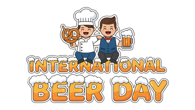 International Beer Day Celebration: A delightful illustration celebrating International Beer Day, featuring a cheerful chef holding a pretzel and a smiling bartender with a frothy mug of beer.