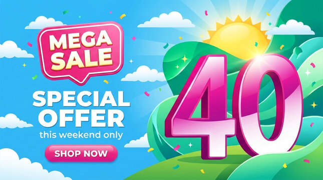 Mega sale banner with "40 special offer" text, sun, clouds, and confetti, representing a promotional event and discount.