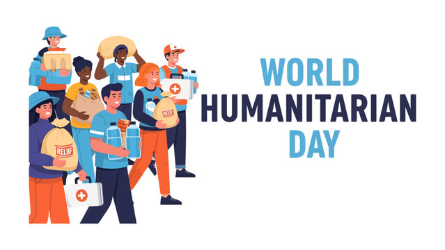 World Humanitarian Day Celebration: A diverse group of people united in purpose, carrying aid and supplies, stand together to commemorate World Humanitarian Day.