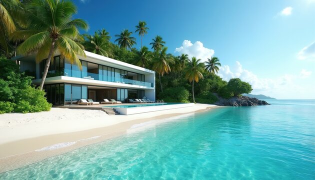 Modern villa with infinity pool sits on white sand beach. Tropical palm trees surround luxury property. Clear turquoise ocean laps shore under bright blue sky with white clouds.