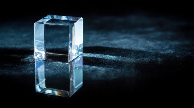 Transparent rectangular prism rests on a dark, reflective surface with dramatic lighting