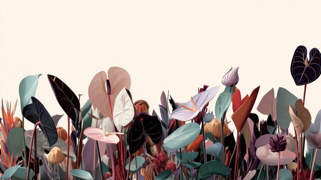 Stylized assemblage of diverse tropical flora creates a rich, colorful border against a pale background
