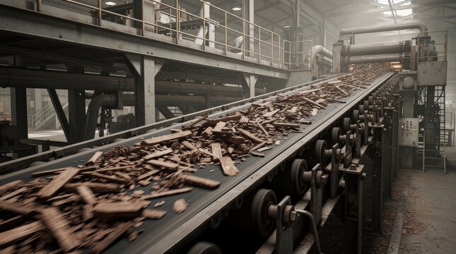 An industrial conveyor belt transports wood chips inside a large factory with metal structures and dim lighting.