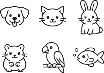 Naklejka premium Cute Pet Animal Outline Icons Pack – Dog Cat Bunny Hamster Bird Fish Vector Set