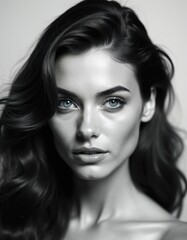 Fototapeta premium Close up black, white portrait of beautiful woman with wavy dark hair, piercing blue eyes. She has clear skin, delicate facial features, exuding timeless elegance, sophistication. Calm gaze.