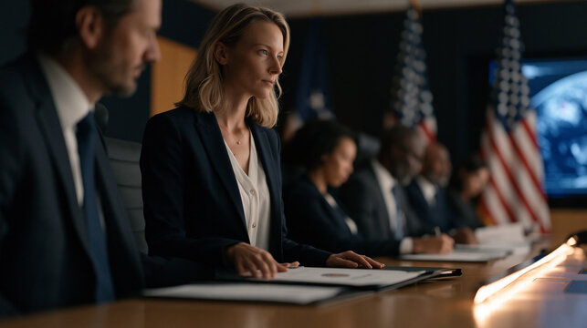 Intelligence officer sliding a sealed classified briefing folder across a polished wood table inside a windowless secure conference room, suited attendees reviewing redacted
