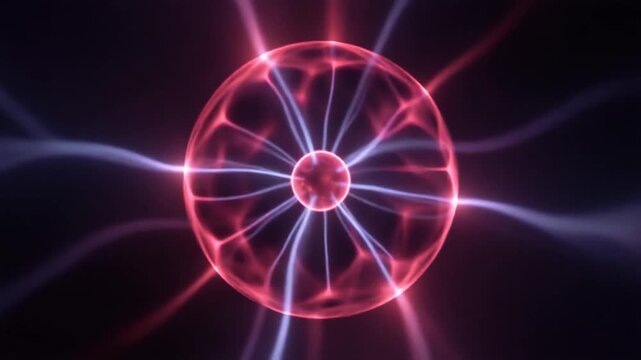 A glowing plasma globe with pink and blue filaments radiating from its center, symbolizing electricity, energy, and scientific beauty in a dark abstract setting.