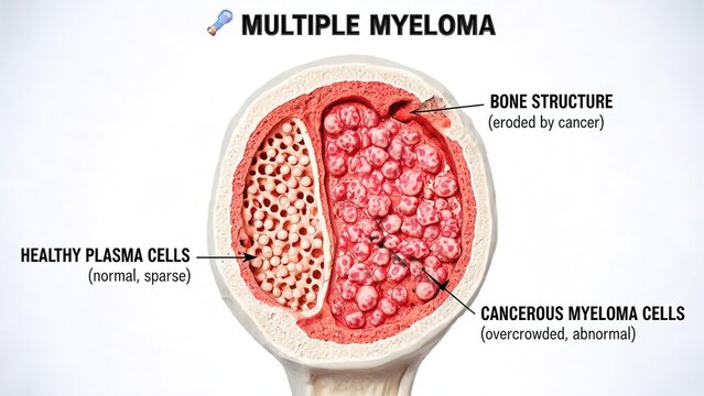 3D Medical Illustration of Multiple Myeloma, Comparing Healthy Plasma Cells with Cancerous Myeloma Cells and Eroded Bone Structure in Bone Marrow