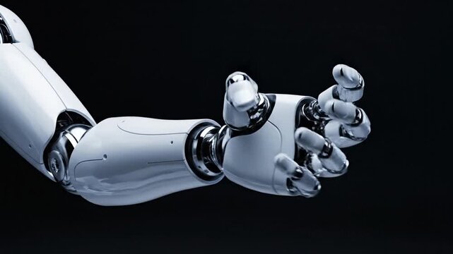 Futuristic white robotic arm reaching out on black background