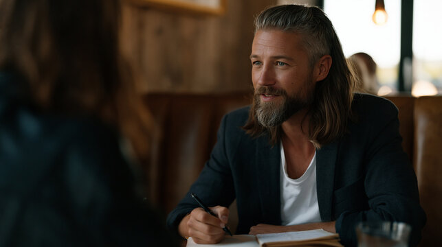 Startup founder sits across from a potential first customer at a restaurant booth, leaning in with a prototype on the table between them, asking open-ended questions and recording