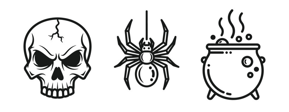 Halloween icons set featuring spooky skull spider on web and bubbling witch cauldron line art for holiday party decoration and horror themed design elements.