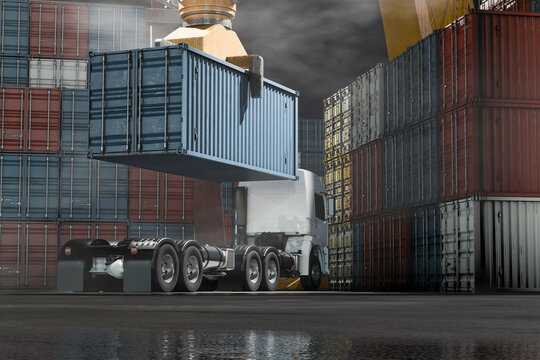 3D crane loading cargo over truck in industrial port