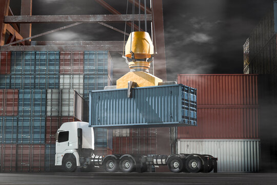 3D storm port crane lifting container above freight truck