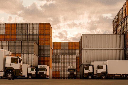 3D sunset freight yard with trucks and container stacks