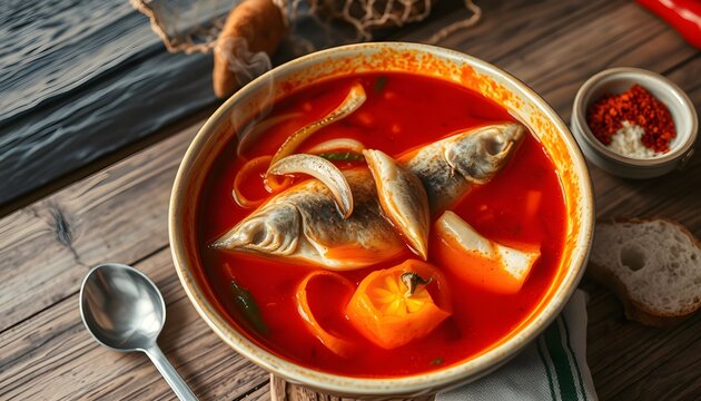 Close up of traditional Hungarian fisherman soup served on an outdoor wooden table.